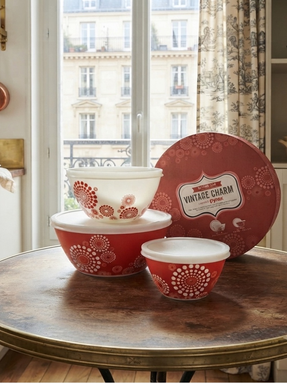 Pyrex Inspired Vintage Charm Tickled Pink Red Bowl Set - 3pc with Lids